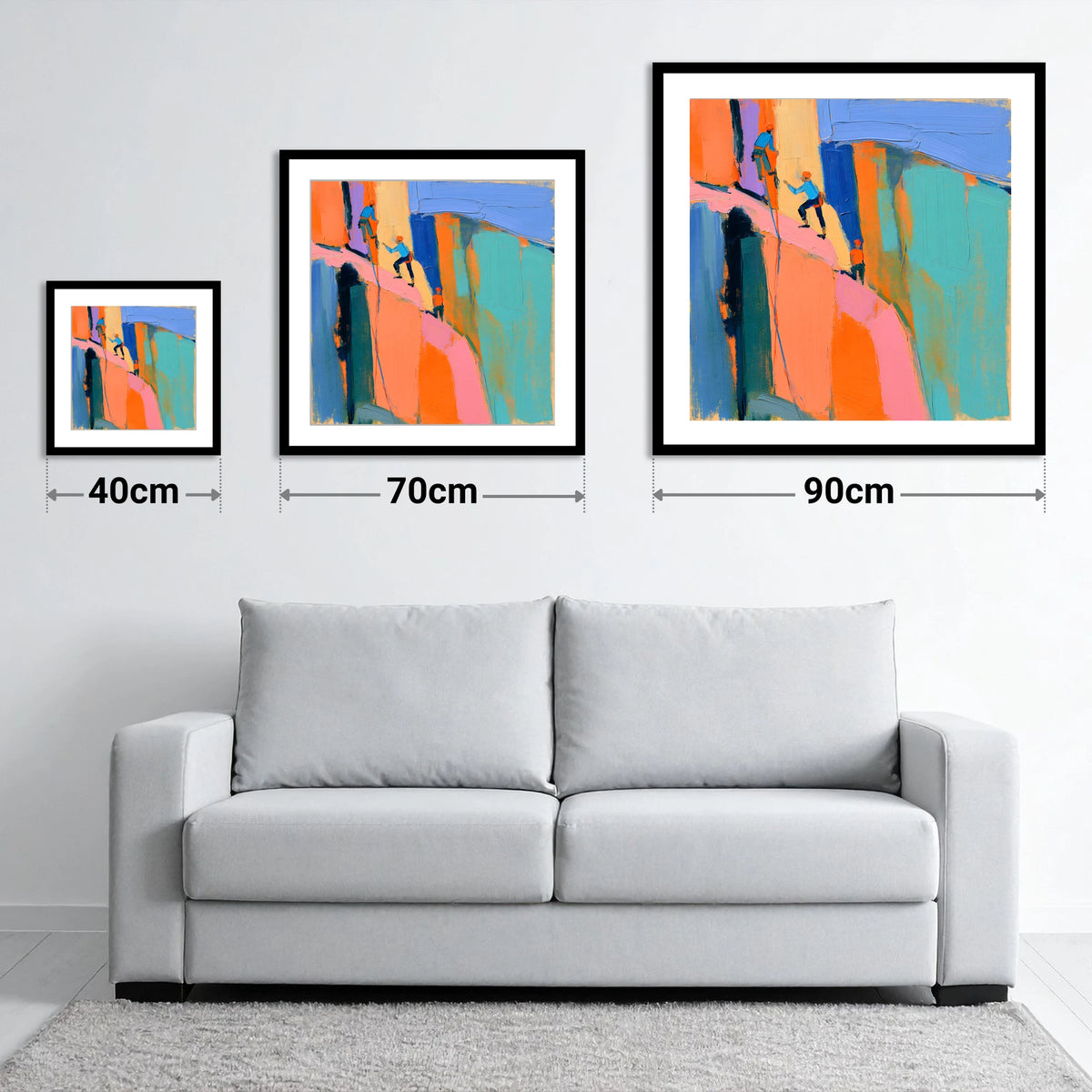 Vibrant Climbers on the Crag - size guide showing 40cm, 70cm and 90cm art prints
