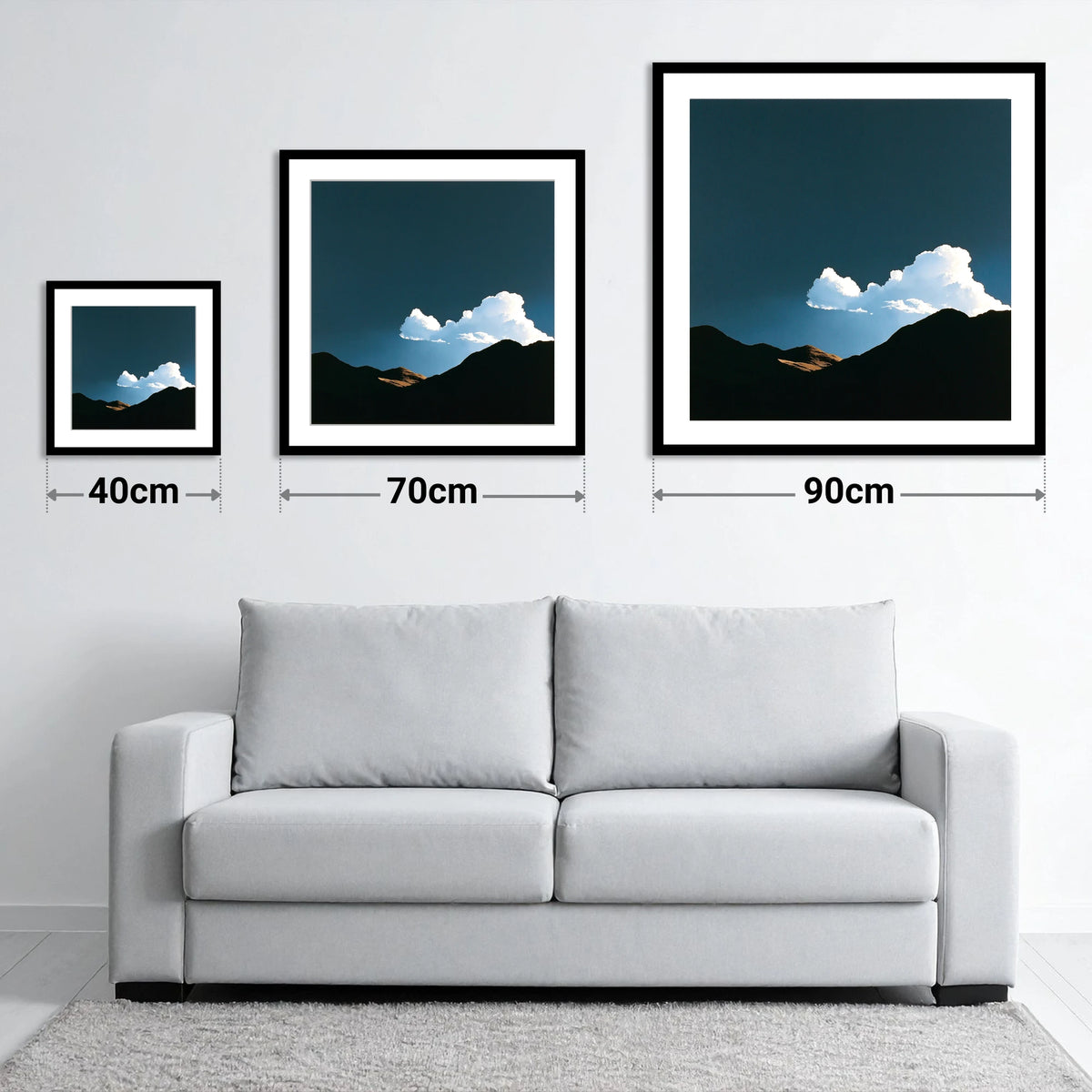 Storm Cloud Over Silhouetted Fells - size guide showing 40cm, 70cm and 90cm art prints