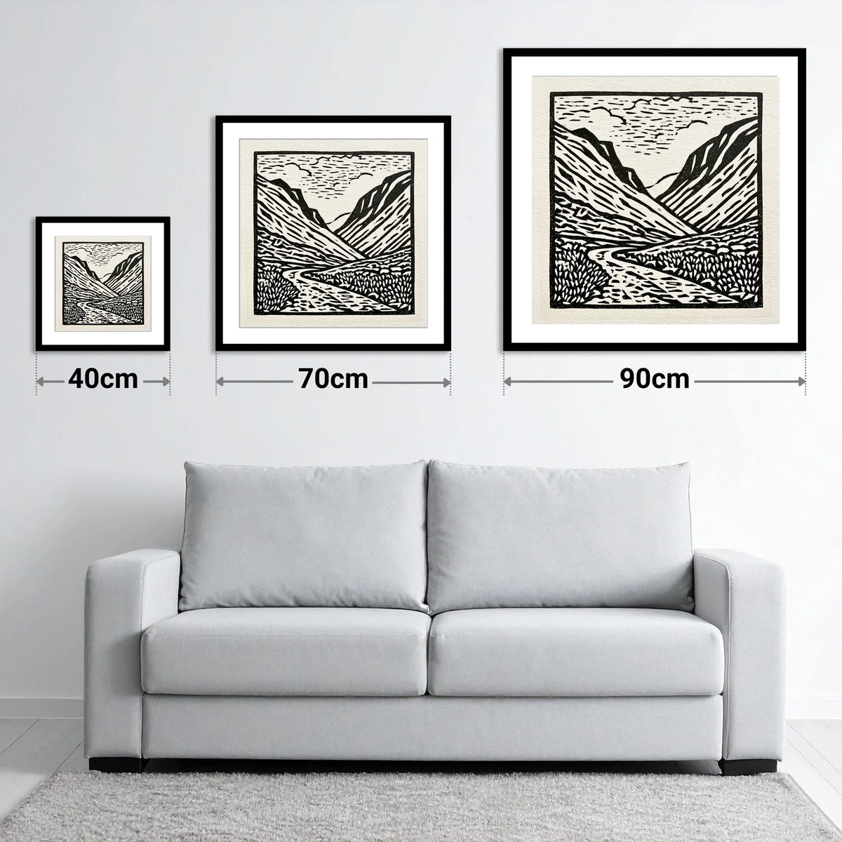 Honister Pass in Bold Monochrome - size guide showing 40cm, 70cm and 90cm art prints