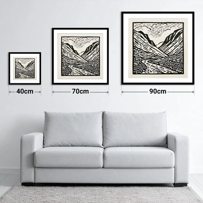 Honister Pass in Bold Monochrome - size guide showing 40cm, 70cm and 90cm art prints