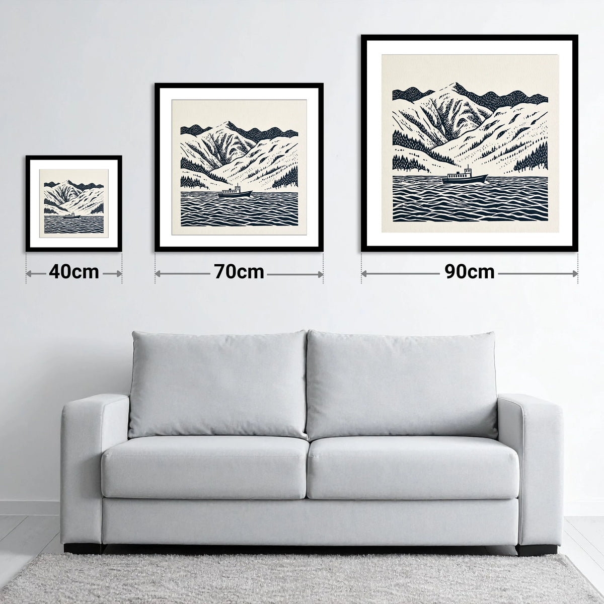 Ullswater Steamer in Deep Navy - size guide showing 40cm, 70cm and 90cm art prints