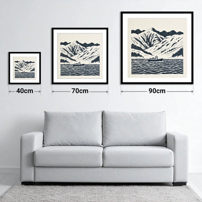 Ullswater Steamer in Deep Navy - size guide showing 40cm, 70cm and 90cm art prints