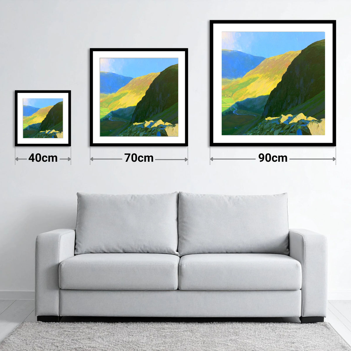 Sunlit Tarn Crag and Valley - size guide showing 40cm, 70cm and 90cm art prints