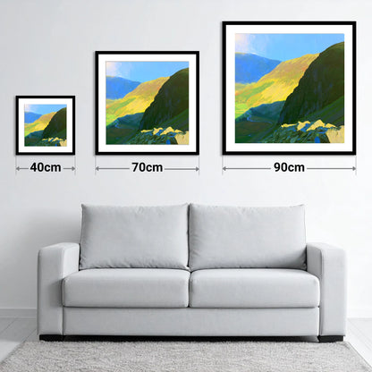 Sunlit Tarn Crag and Valley - size guide showing 40cm, 70cm and 90cm art prints