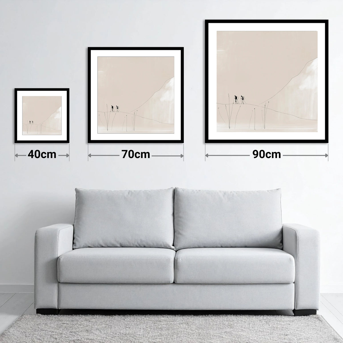 Walkers on a Minimalist Fell - size guide showing 40cm, 70cm and 90cm art prints