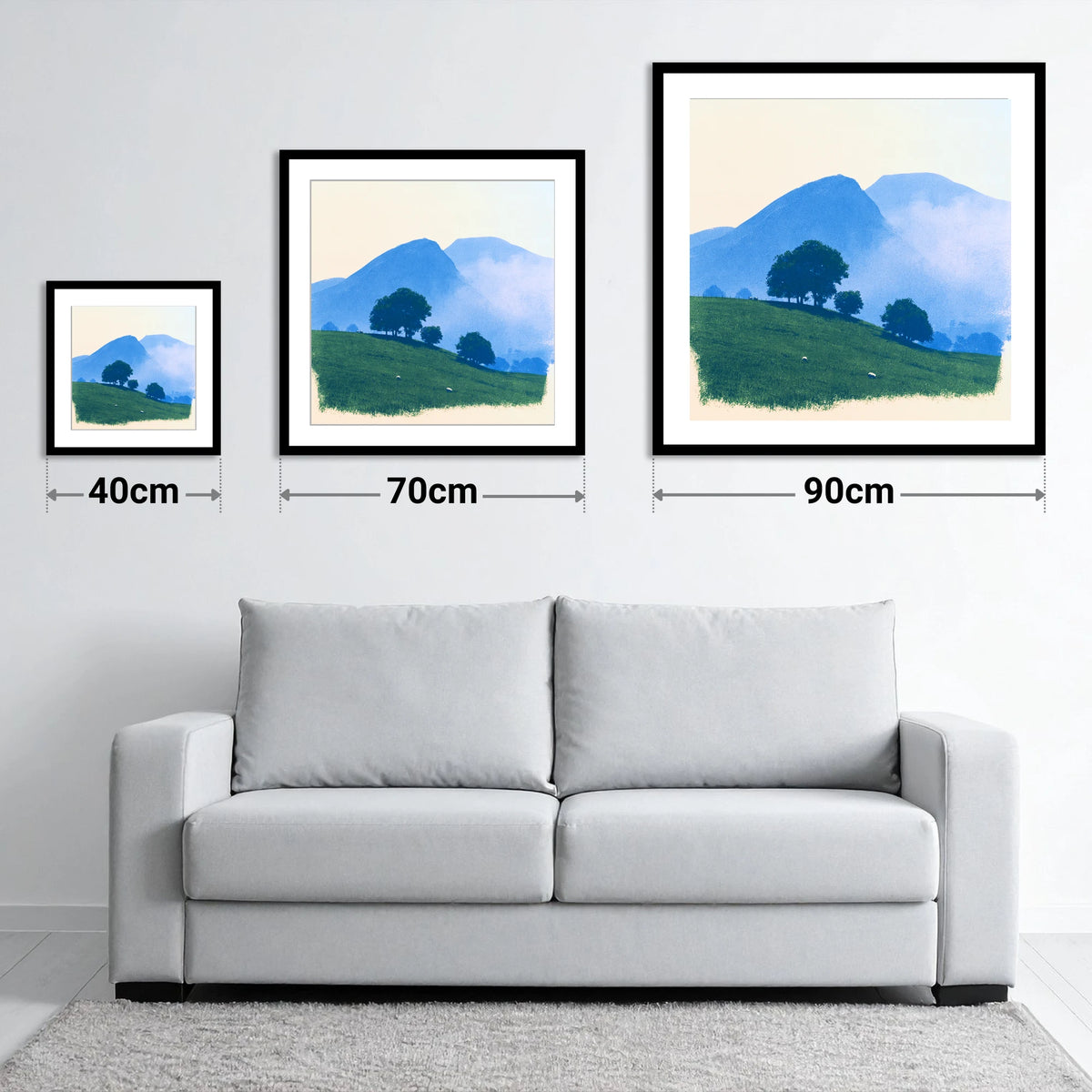 Mist Over the Blue Fells - size guide showing 40cm, 70cm and 90cm art prints