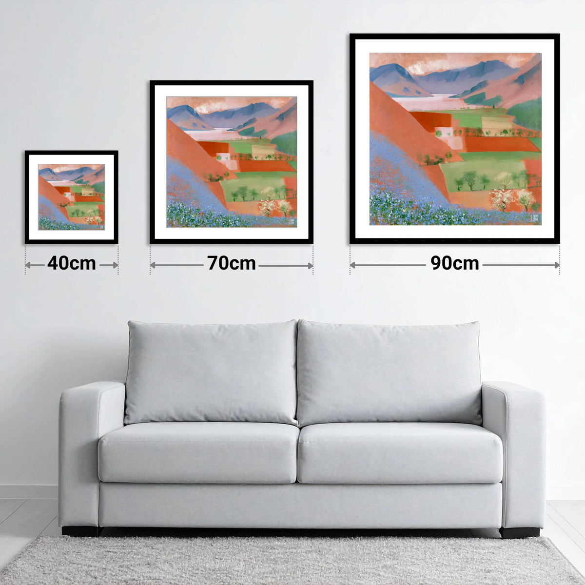 Rannerdale Bluebells Over Crummock Water - size guide showing 40cm, 70cm and 90cm art prints