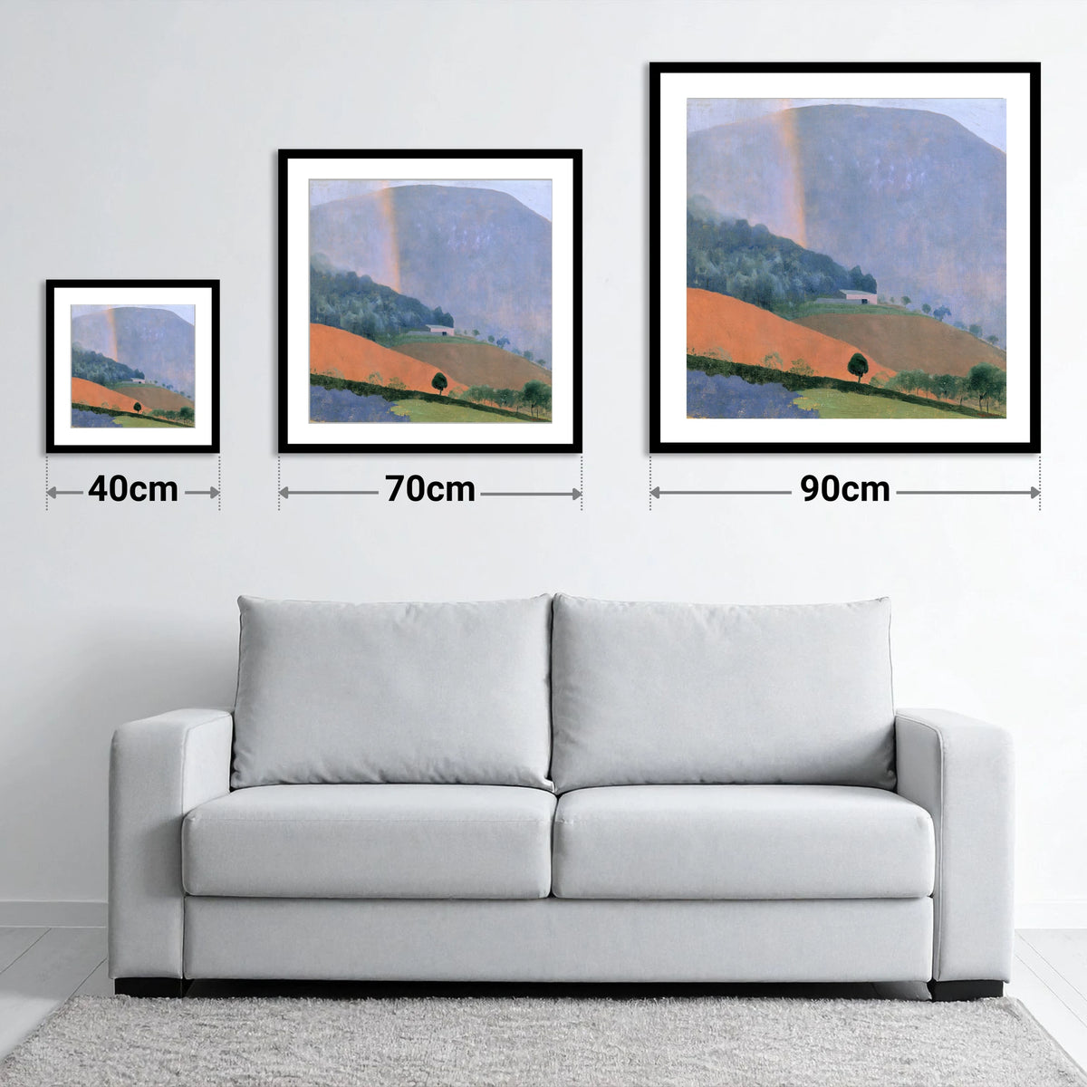 Fell Barn Under a Rainbow - size guide showing 40cm, 70cm and 90cm art prints