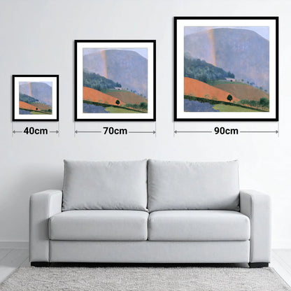 Fell Barn Under a Rainbow - size guide showing 40cm, 70cm and 90cm art prints
