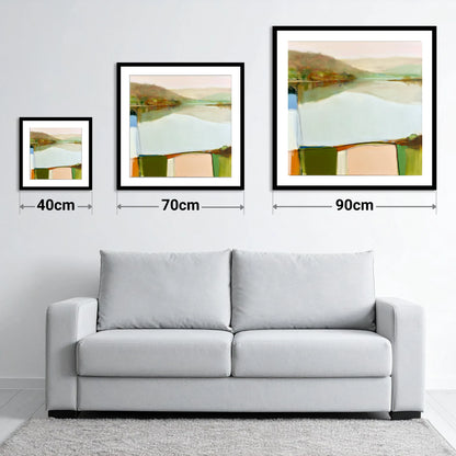 Abstract Calm Lake Reflections - size guide showing 40cm, 70cm and 90cm art prints