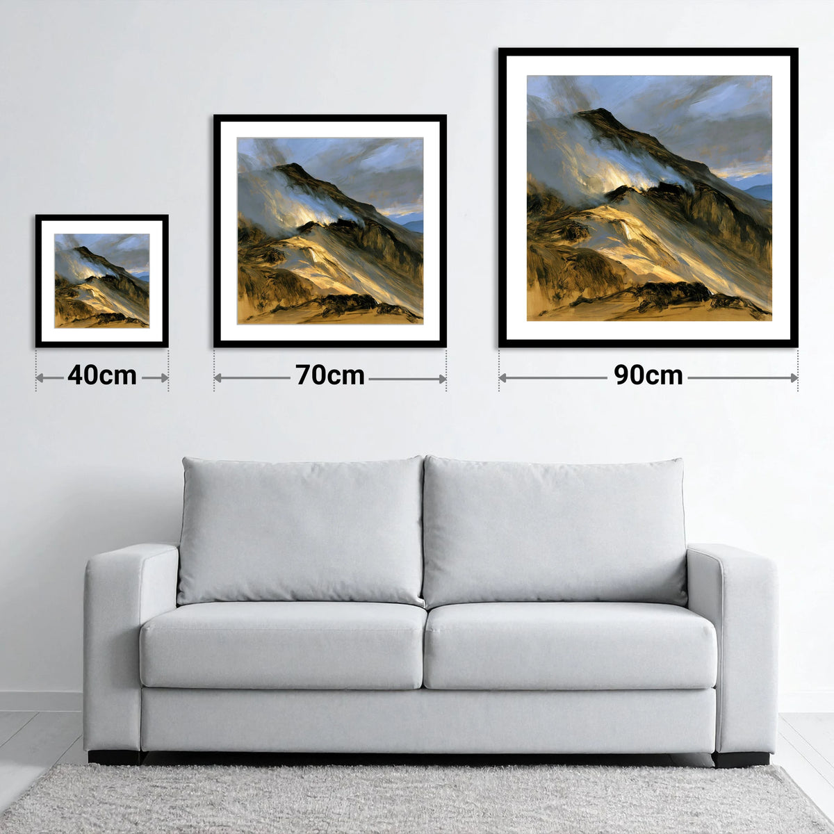 Sunlit Mountain Ridge in Mist - size guide showing 40cm, 70cm and 90cm art prints