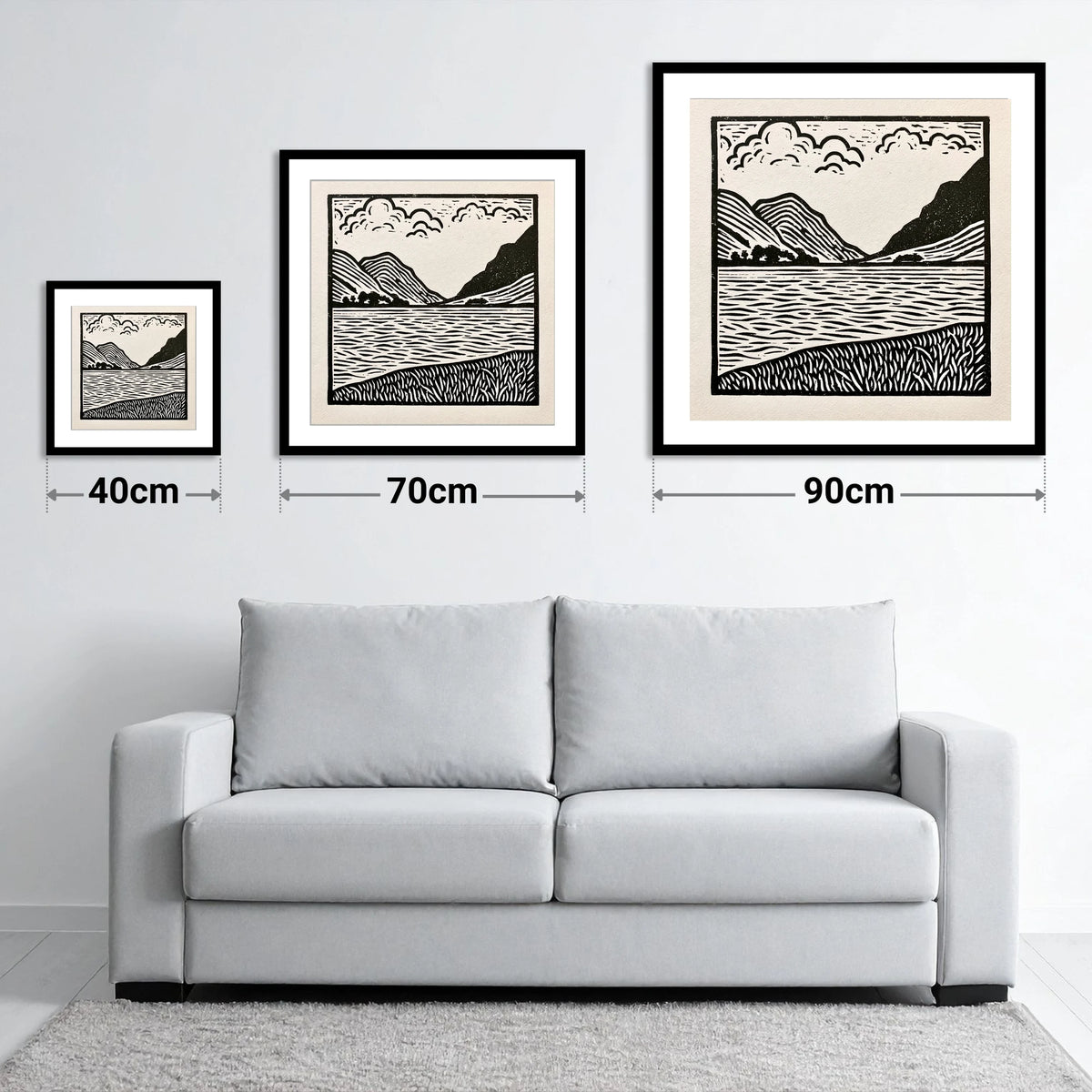 Ullswater in Monochrome - size guide showing 40cm, 70cm and 90cm art prints