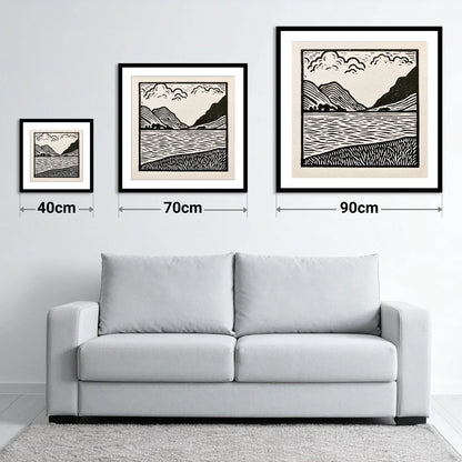 Ullswater in Monochrome - size guide showing 40cm, 70cm and 90cm art prints