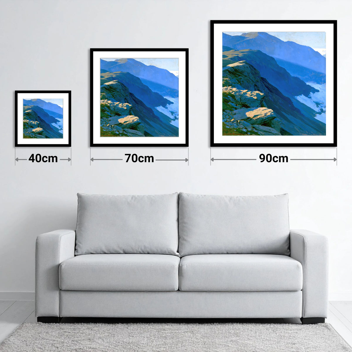 Blue Shadows on Misty Ridge - size guide showing 40cm, 70cm and 90cm art prints