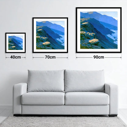 Blue Shadows on Misty Ridge - size guide showing 40cm, 70cm and 90cm art prints