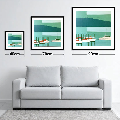 Moored Boats on a Teal Windermere - size guide showing 40cm, 70cm and 90cm art prints