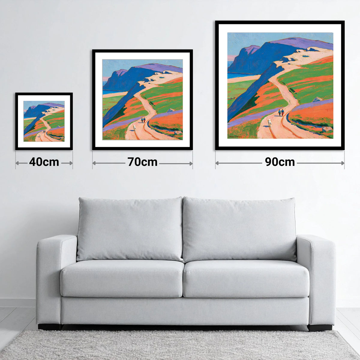 Vibrant Helvellyn Dog Walk - size guide showing 40cm, 70cm and 90cm art prints