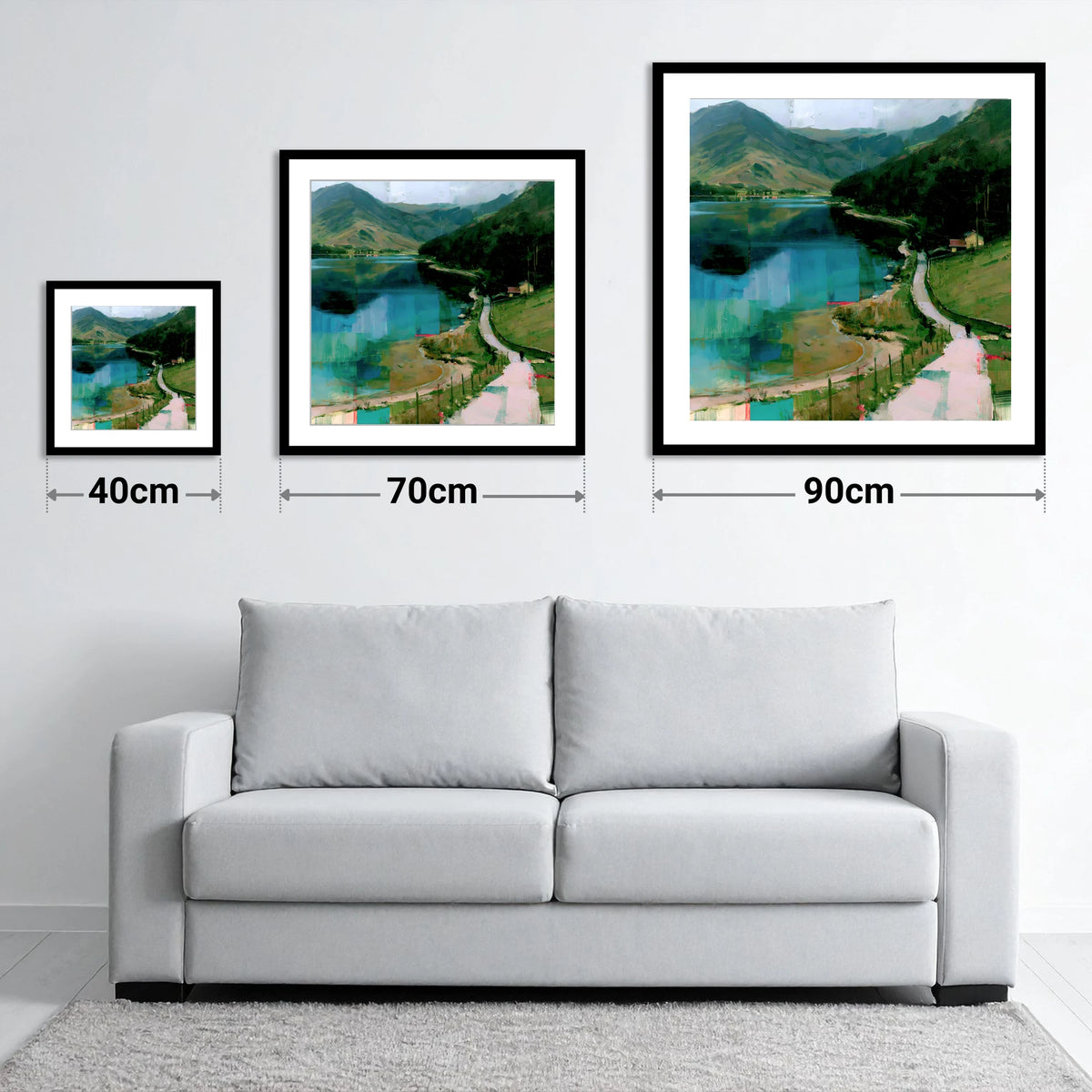 Vivid Teal Buttermere Path - size guide showing 40cm, 70cm and 90cm art prints
