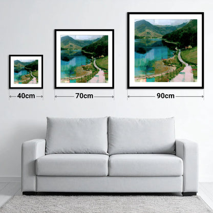 Vivid Teal Buttermere Path - size guide showing 40cm, 70cm and 90cm art prints