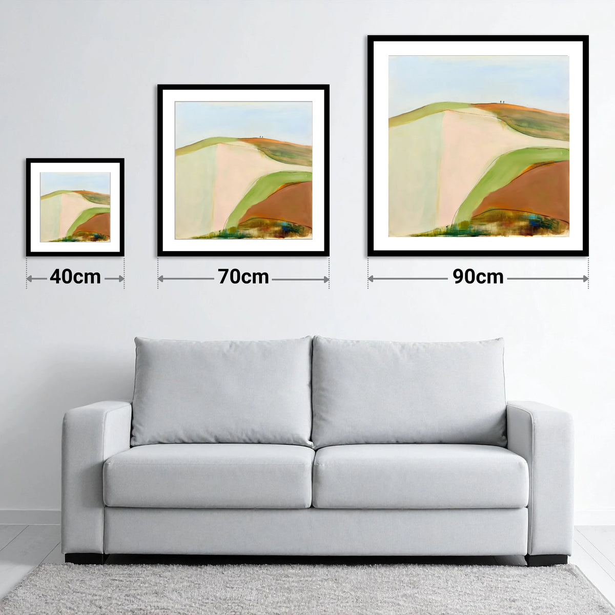 Contemporary Fell Top Walk - size guide showing 40cm, 70cm and 90cm art prints