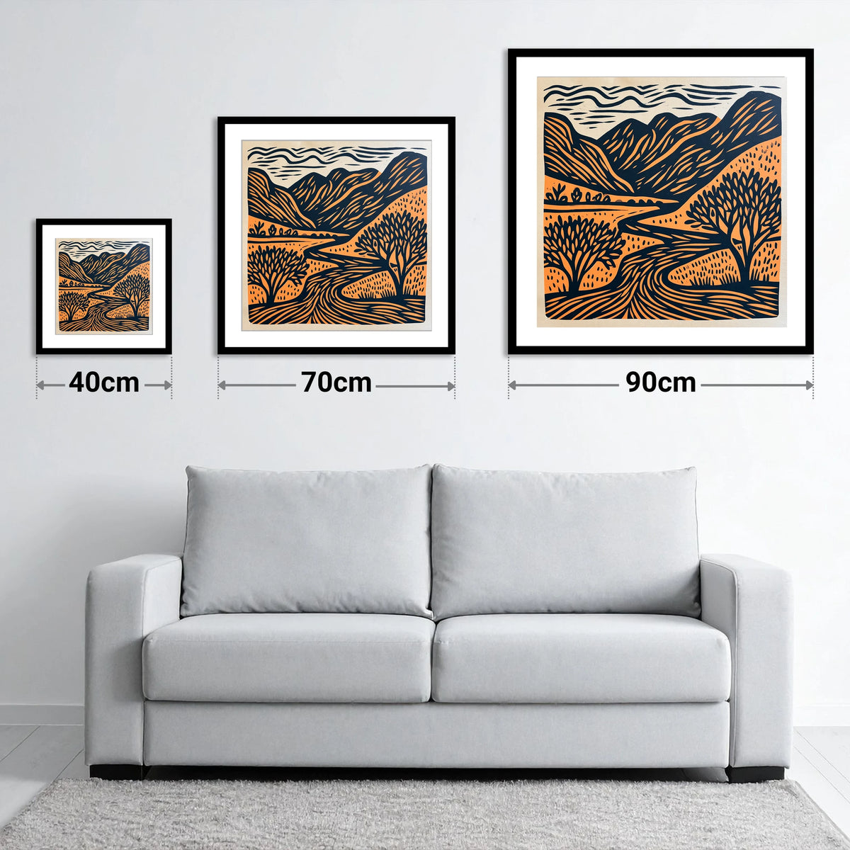 Rhythmic Borrowdale River Valley - size guide showing 40cm, 70cm and 90cm art prints