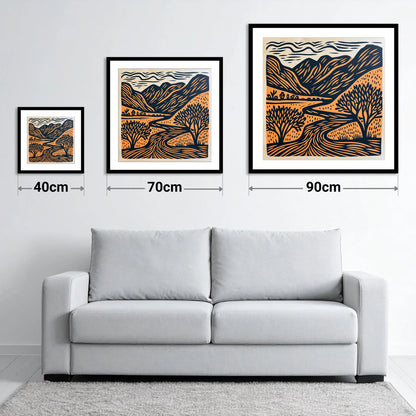Rhythmic Borrowdale River Valley - size guide showing 40cm, 70cm and 90cm art prints