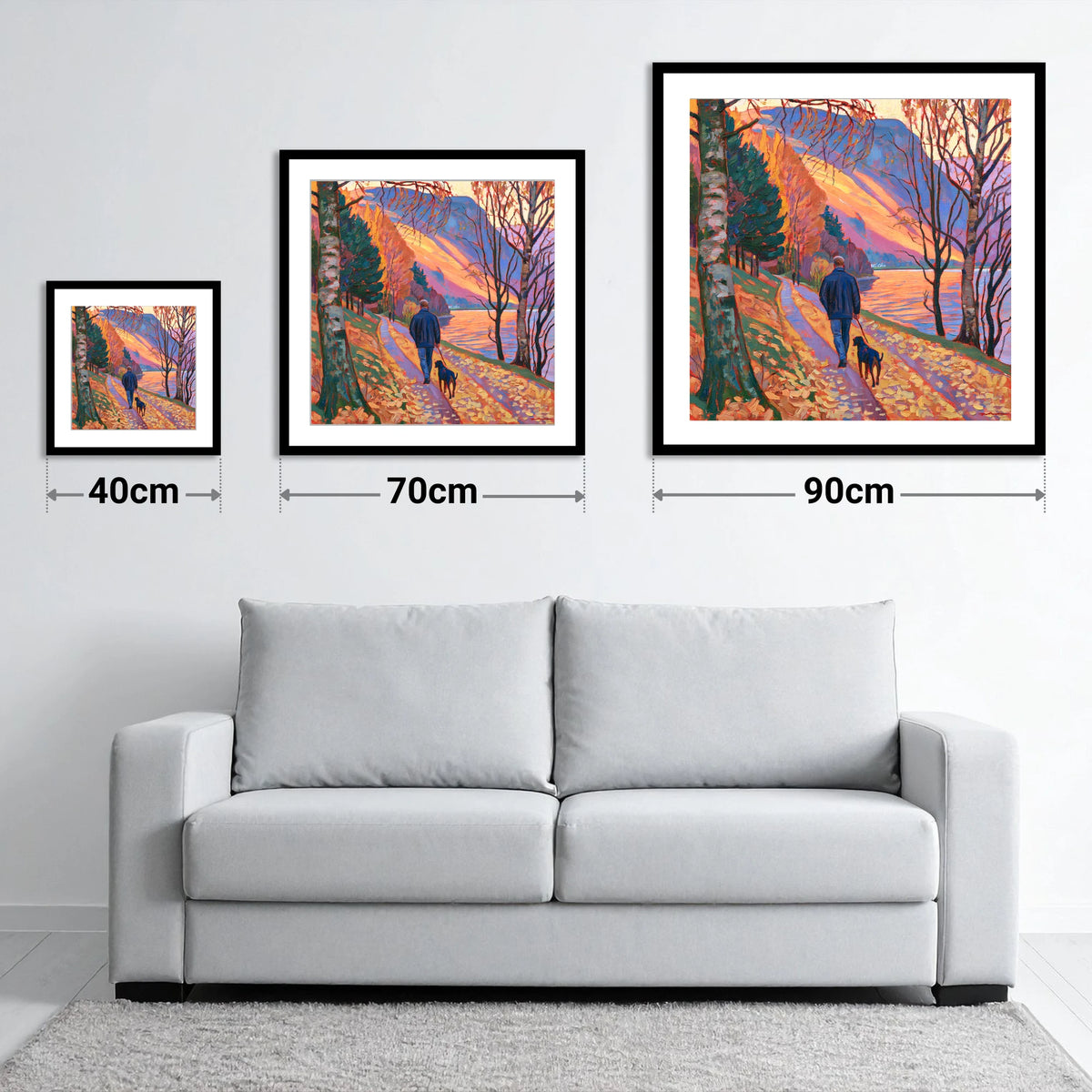 Autumn Dog Walk at Glenridding - size guide showing 40cm, 70cm and 90cm art prints