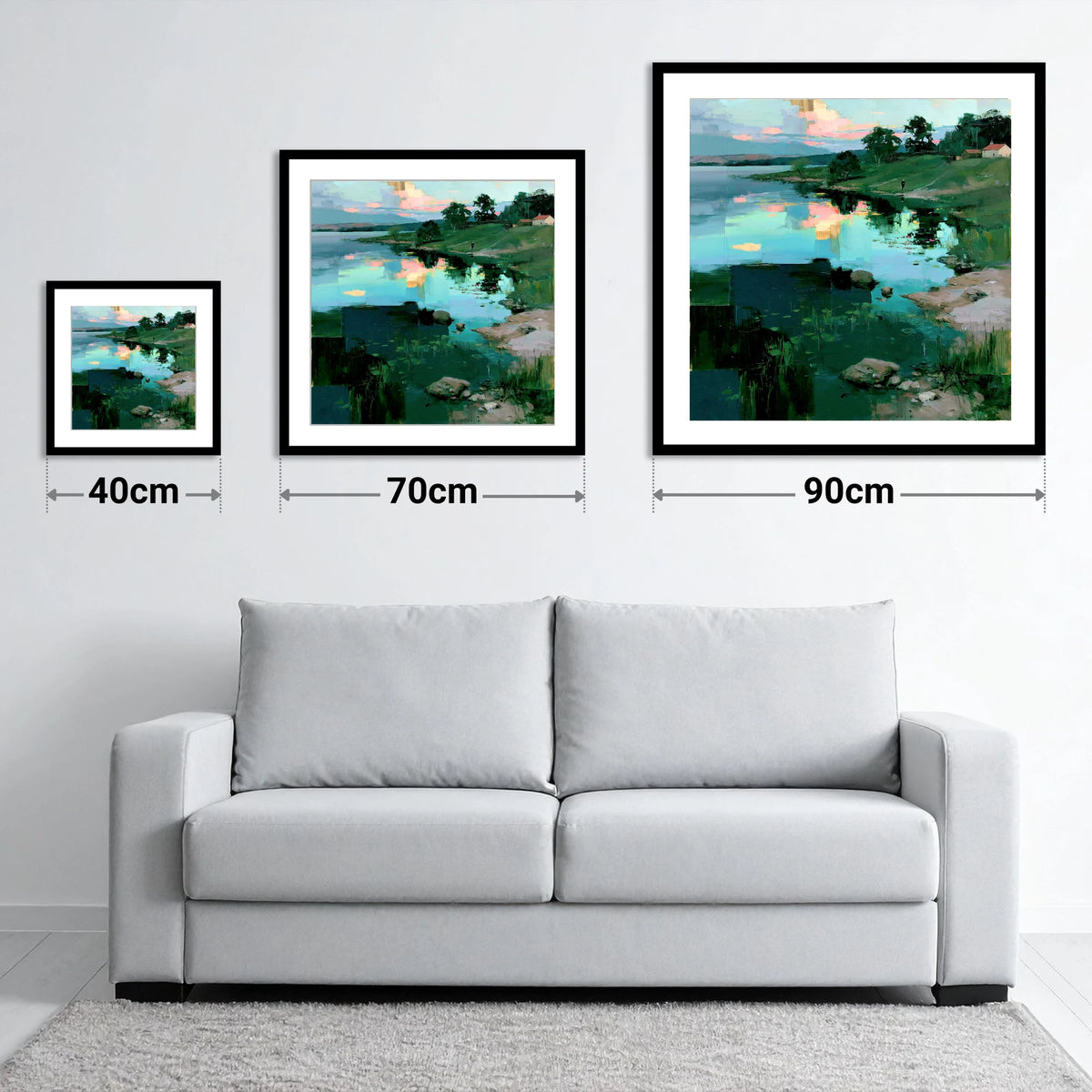 Turquoise Lake at Pink Sunrise - size guide showing 40cm, 70cm and 90cm art prints