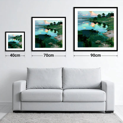 Turquoise Lake at Pink Sunrise - size guide showing 40cm, 70cm and 90cm art prints