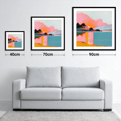 Pink Sunset Over Lake Water - size guide showing 40cm, 70cm and 90cm art prints