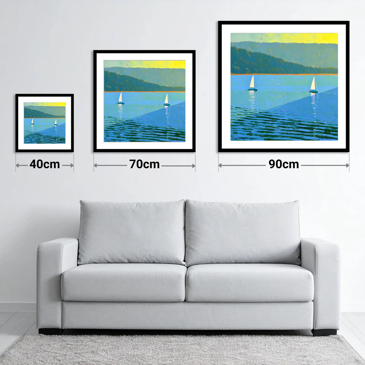 Windermere Sailboats in Bold Blue - size guide showing 40cm, 70cm and 90cm art prints