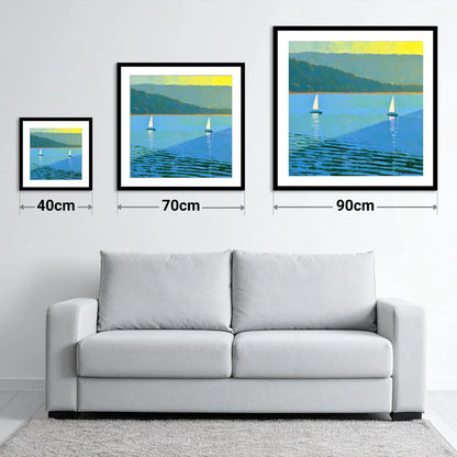 Windermere Sailboats in Bold Blue - size guide showing 40cm, 70cm and 90cm art prints