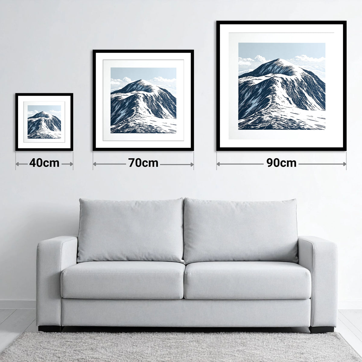 Graphic Snow on Helvellyn Ridge - size guide showing 40cm, 70cm and 90cm art prints