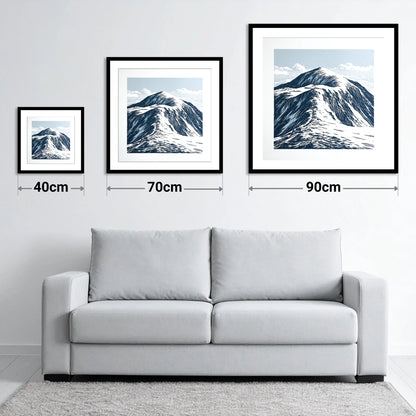 Graphic Snow on Helvellyn Ridge - size guide showing 40cm, 70cm and 90cm art prints