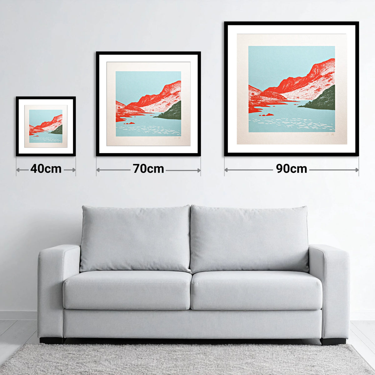 Red Fells of Eskdale Valley - size guide showing 40cm, 70cm and 90cm art prints