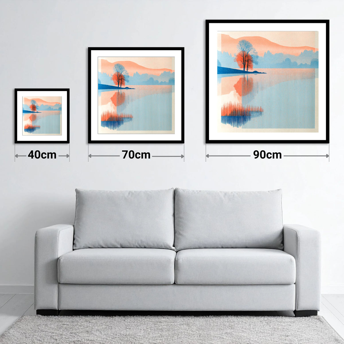 Modern Coral Lake Dawn - size guide showing 40cm, 70cm and 90cm art prints