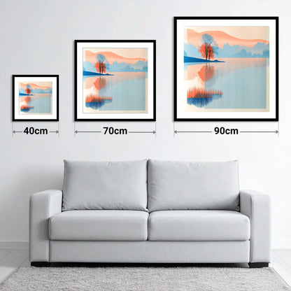 Modern Coral Lake Dawn - size guide showing 40cm, 70cm and 90cm art prints