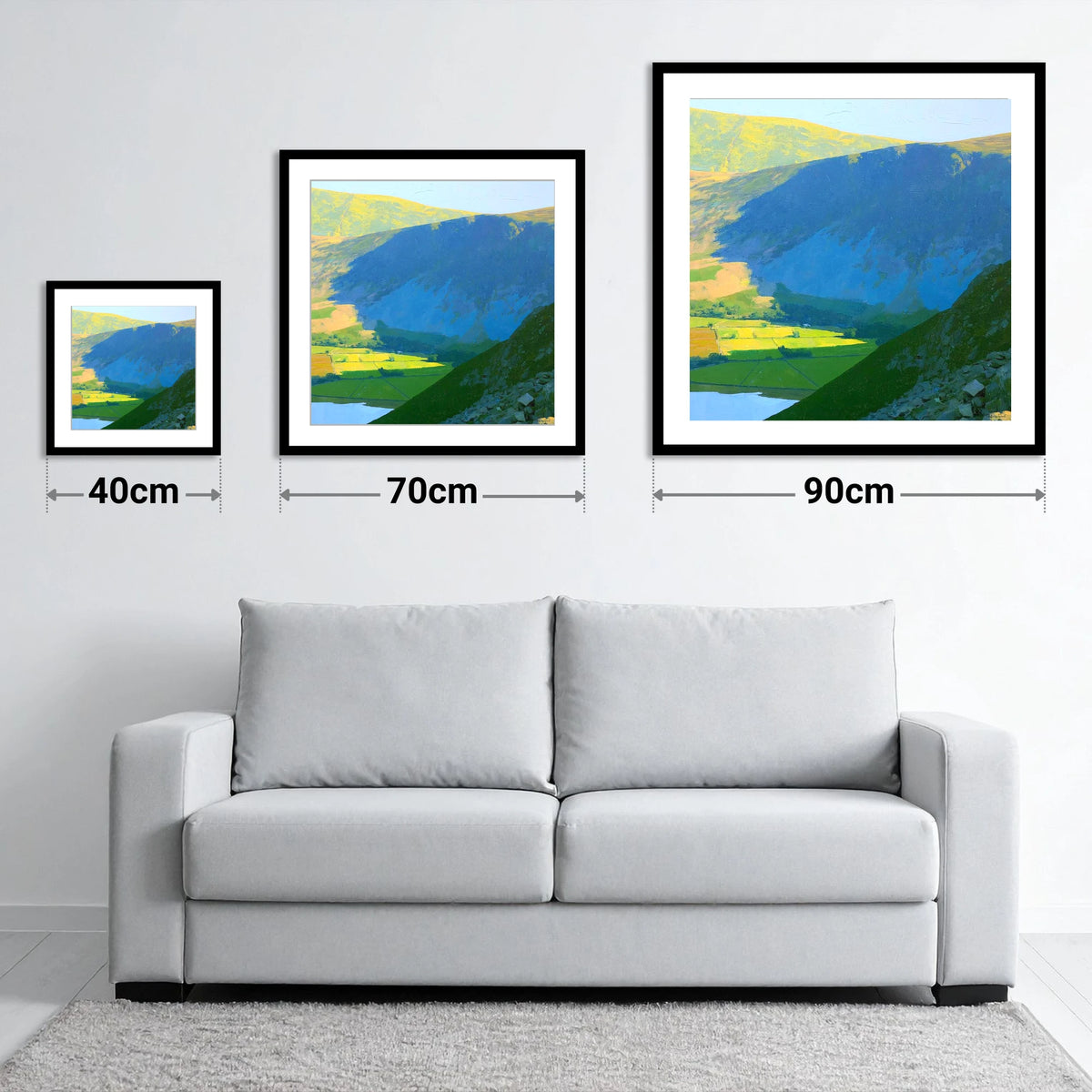 Arthur's Pike Sweeping Ridge Shadow - size guide showing 40cm, 70cm and 90cm art prints