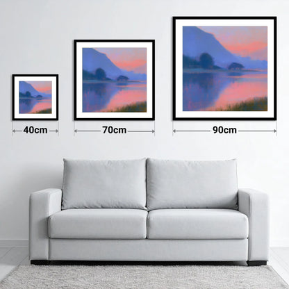 Lake Reflections in Pink Twilight - size guide showing 40cm, 70cm and 90cm art prints