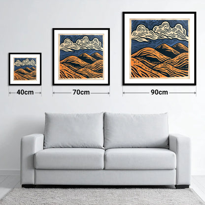 Navy and Orange Rolling Fells - size guide showing 40cm, 70cm and 90cm art prints