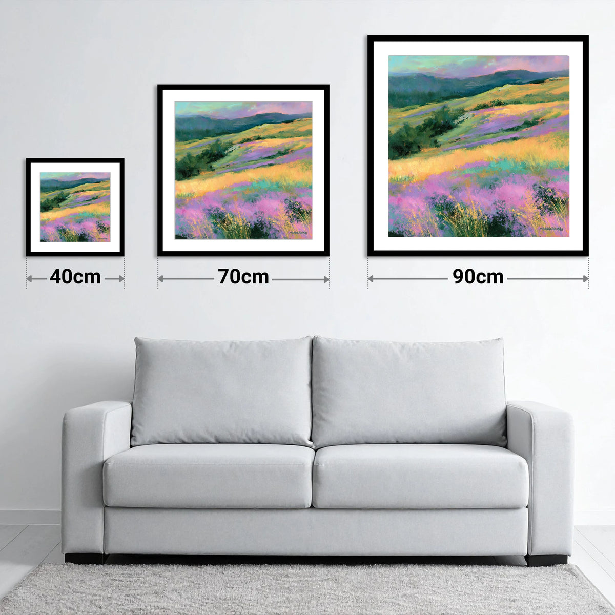 Vibrant Heather on the Fellside - size guide showing 40cm, 70cm and 90cm art prints