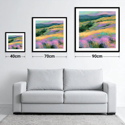 Vibrant Heather on the Fellside - size guide showing 40cm, 70cm and 90cm art prints
