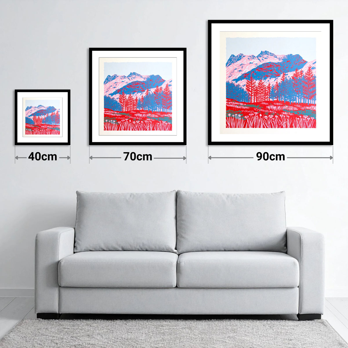 Bold Langdale Pikes Landscape - size guide showing 40cm, 70cm and 90cm art prints