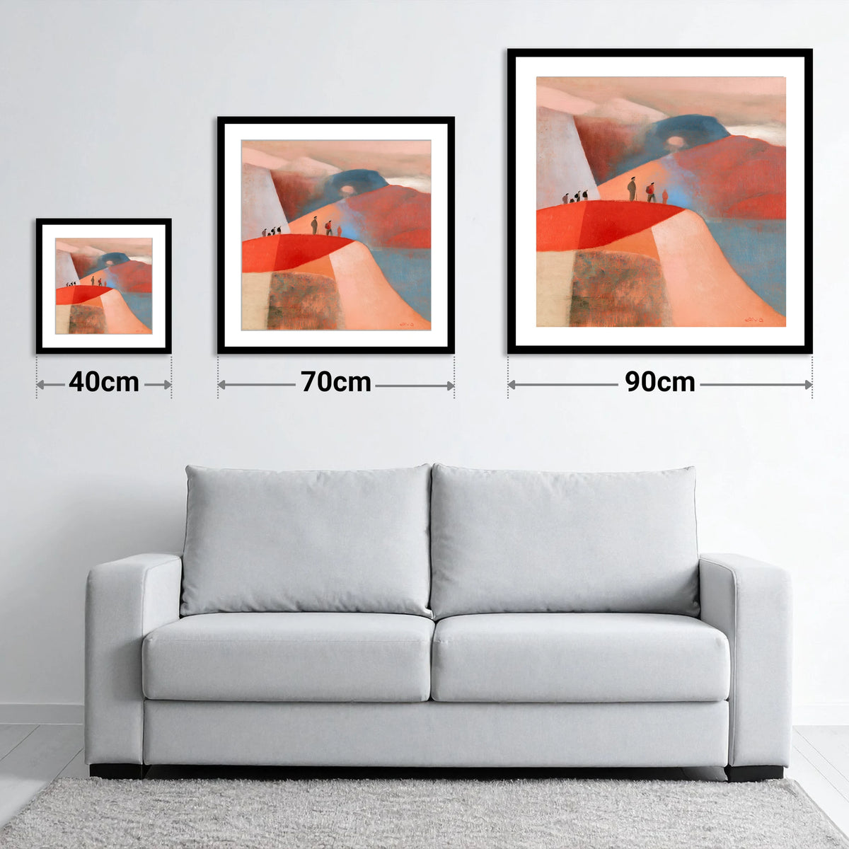 Hikers on a Terracotta Ridge - size guide showing 40cm, 70cm and 90cm art prints