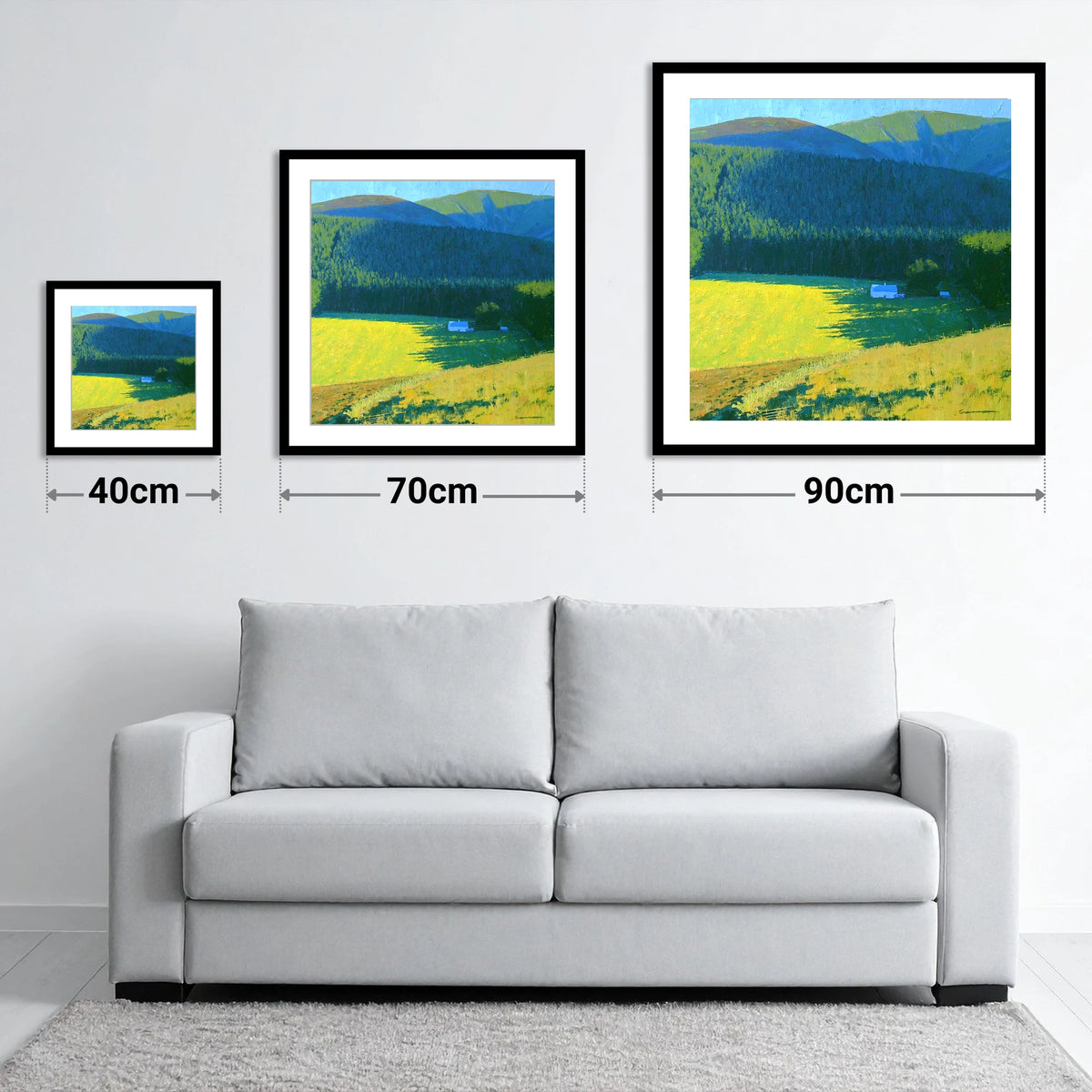 Sunlit Farm Under Whinlatter Forest - size guide showing 40cm, 70cm and 90cm art prints