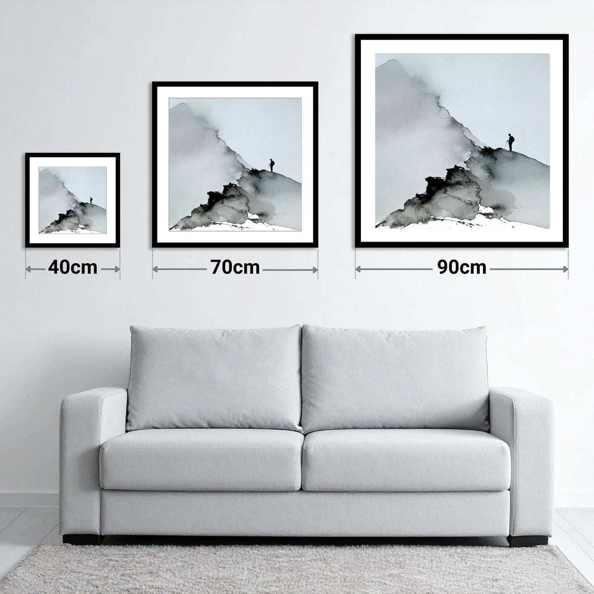 Striding Edge Walker Silhouette - size guide showing 40cm, 70cm and 90cm art prints