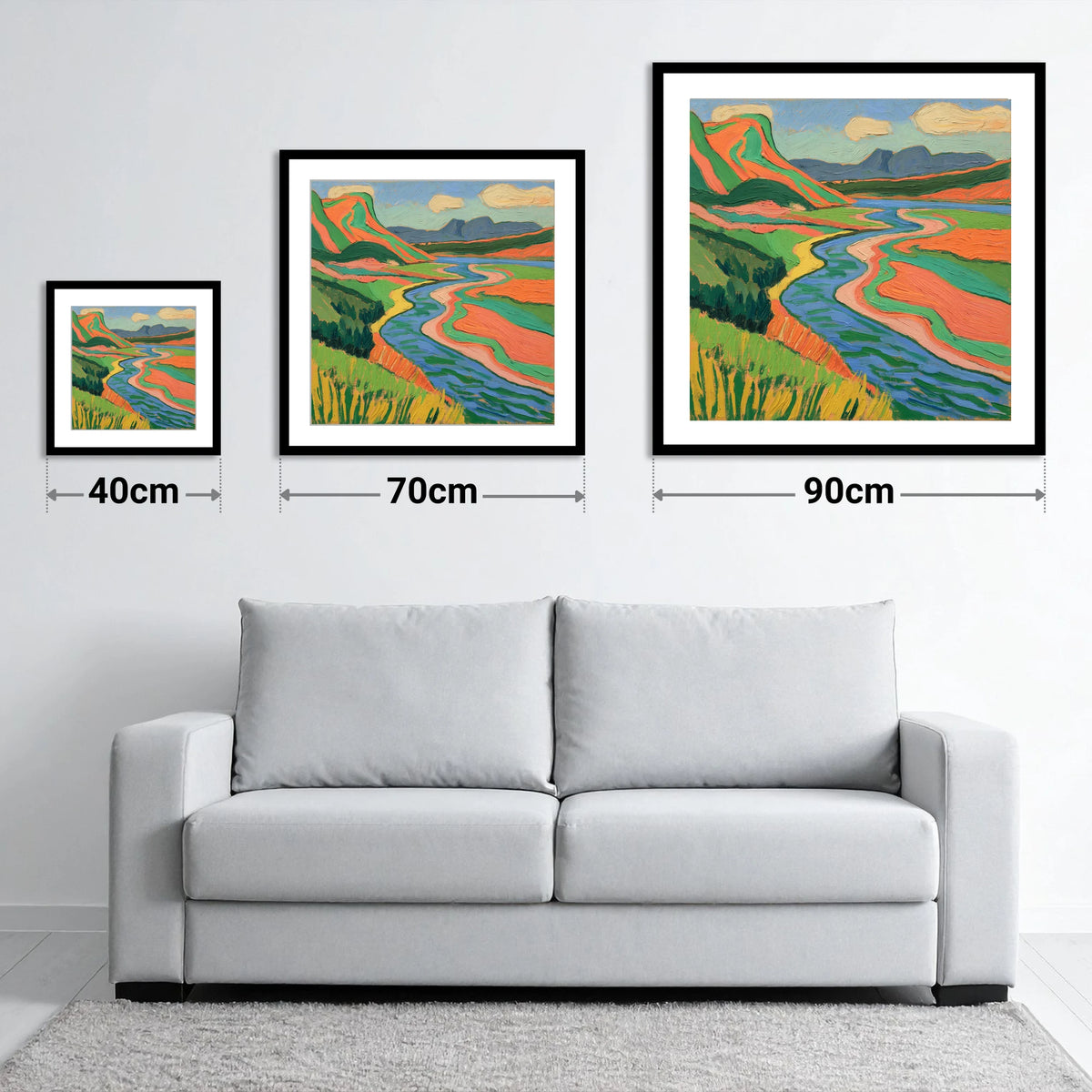 Bold Winding River and Fells - size guide showing 40cm, 70cm and 90cm art prints