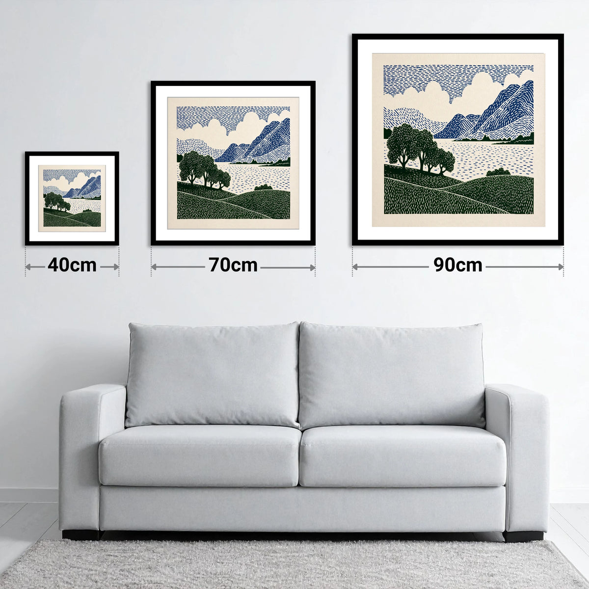 Crummock Water in Navy and Green - size guide showing 40cm, 70cm and 90cm art prints