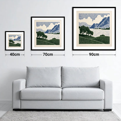 Crummock Water in Navy and Green - size guide showing 40cm, 70cm and 90cm art prints