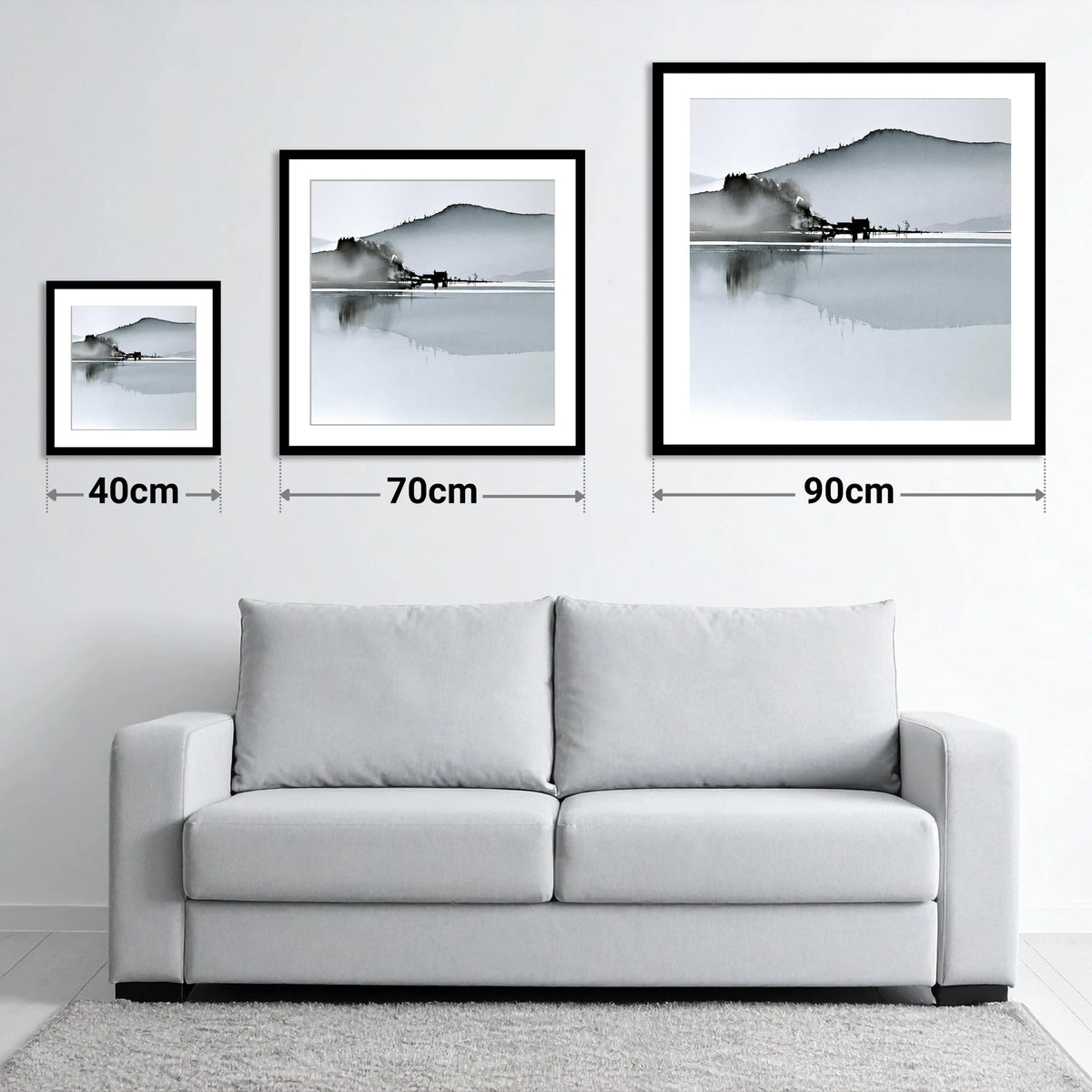 Monochrome Calm Lake Reflections - size guide showing 40cm, 70cm and 90cm art prints